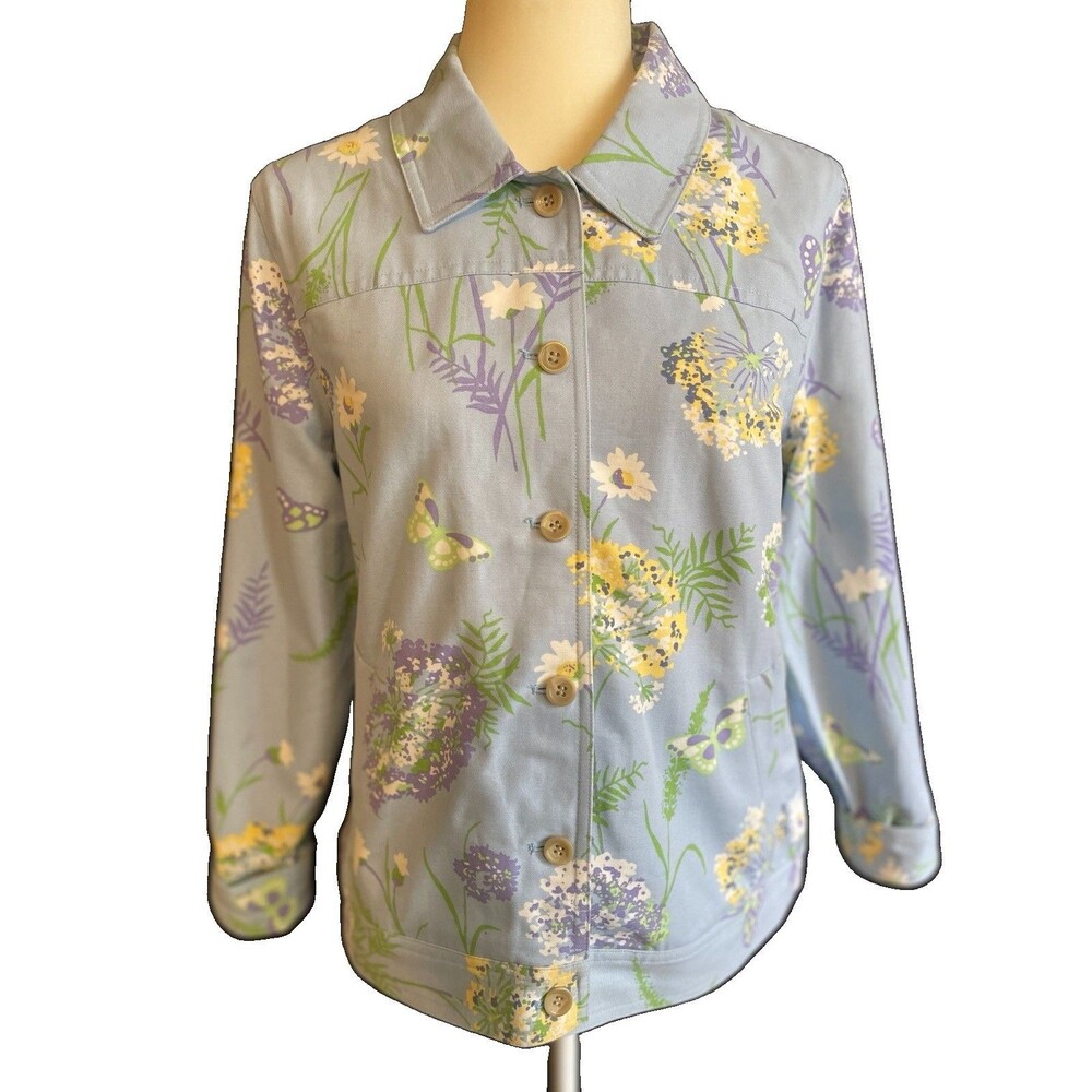 Appleseed's Petites Floral Butterfly Jacket Women PM Blue Canvas Button Front